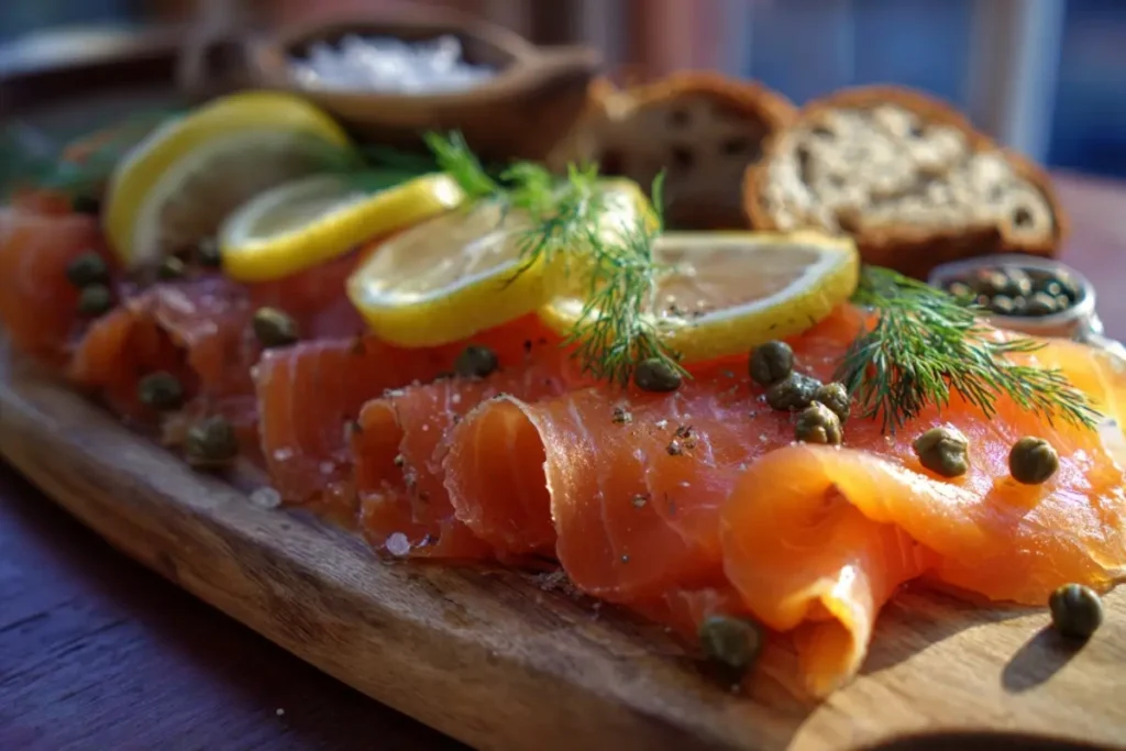 smoked salmon recipes on wooden platter with lemon and dill