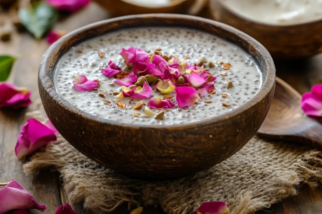 Ayurvedic chia pudding with coconut milk and rose petals