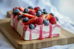 frozen yogurt bark with summer berries on cutting board