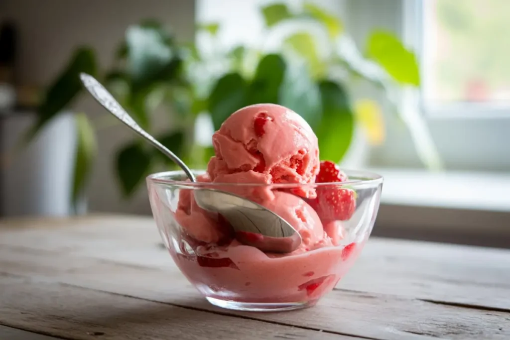 Homemade strawberry sorbet preparation