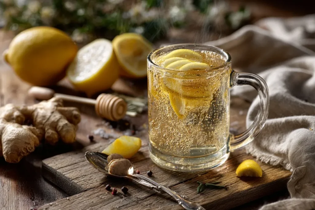 Natural Mounjaro Recipe in a clear mug with ginger and lemon