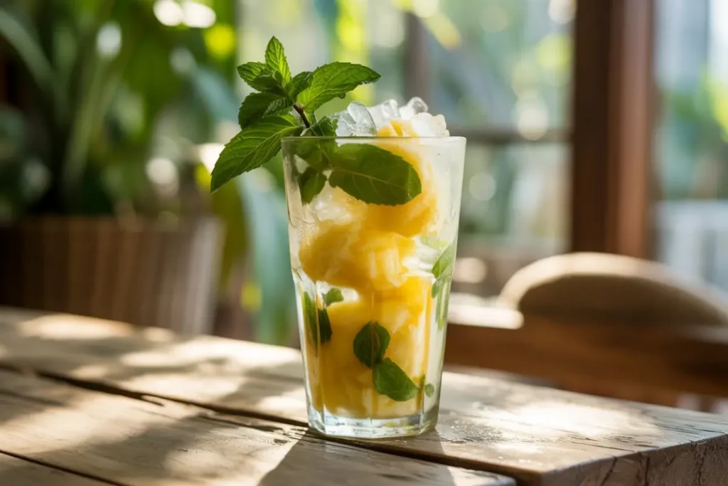 Tropical pineapple sorbet mocktail with mint