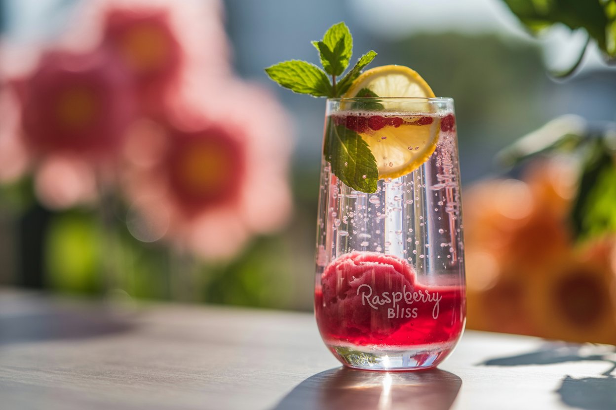 Raspberry sorbet mocktail with lemon and mint