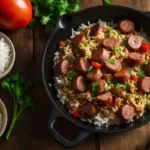 Overhead skillet with Cajun sausage, peppers, and fluffy rice topped with parsley and green onions