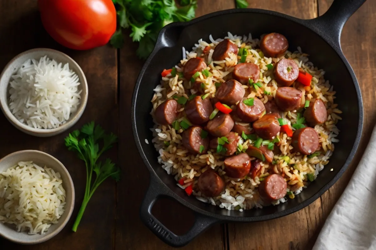 Overhead skillet with Cajun sausage, peppers, and fluffy rice topped with parsley and green onions