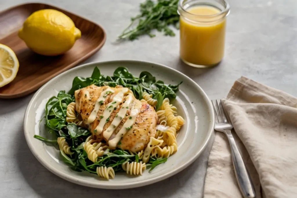 Bowl of creamy chicken pasta beside a small salad with lemon vinaigrette.