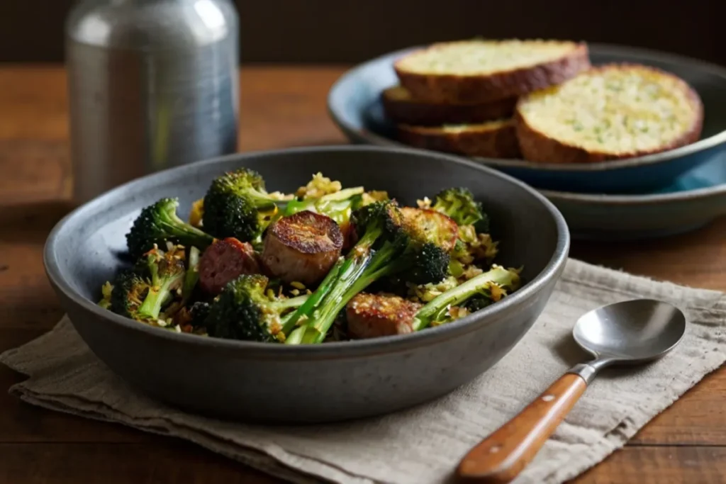 Bowl of Cajun sausage and rice with cornbread, salad, and roasted broccoli on the side