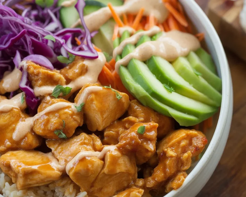 Delicious Bang Bang Chicken Bowl with seasoned chicken, creamy sauce, rice, and fresh vegetables.