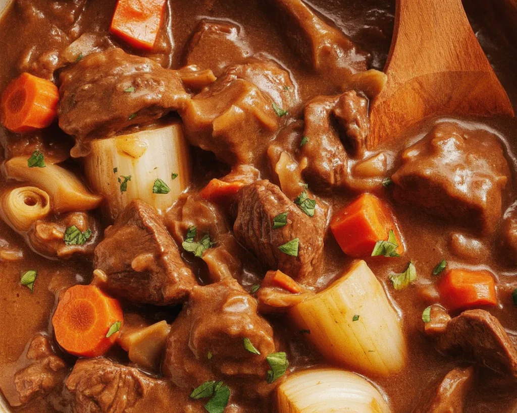 A hearty bowl of Beef Bourguignon with beef, carrots, onions, and mushrooms in red wine sauce.