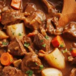 A hearty bowl of Beef Bourguignon with beef, carrots, onions, and mushrooms in red wine sauce.