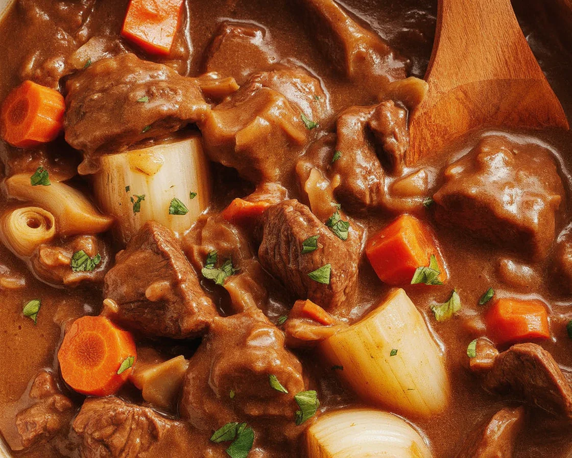 A hearty bowl of Beef Bourguignon with beef, carrots, onions, and mushrooms in red wine sauce.