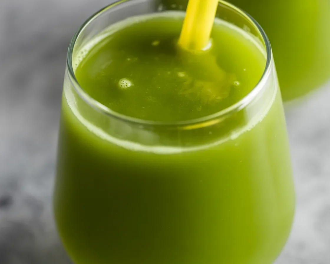 Healthy green juice for weight loss with kale, spinach, cucumber, and ginger.