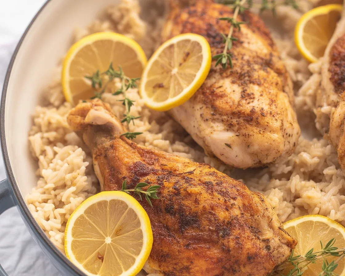 One-Pot Lemon Herb Chicken and Rice garnished with herbs and lemon slices.