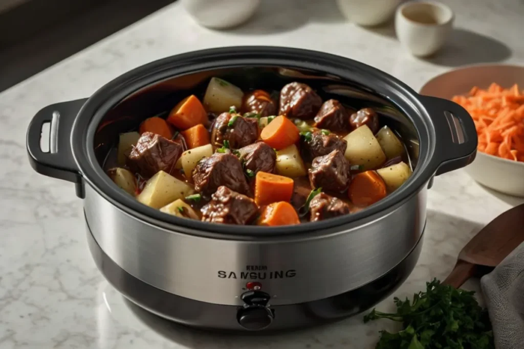 Dump and Go Crockpot Dinners close-up of slow cooker beef and vegetable stew with steam