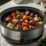 Dump and Go Crockpot Dinners close-up of slow cooker beef and vegetable stew with steam