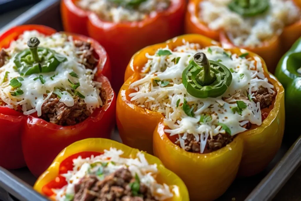 Dump and Go Crockpot Dinners — stuffed bell peppers with beef, rice, and tomatoes