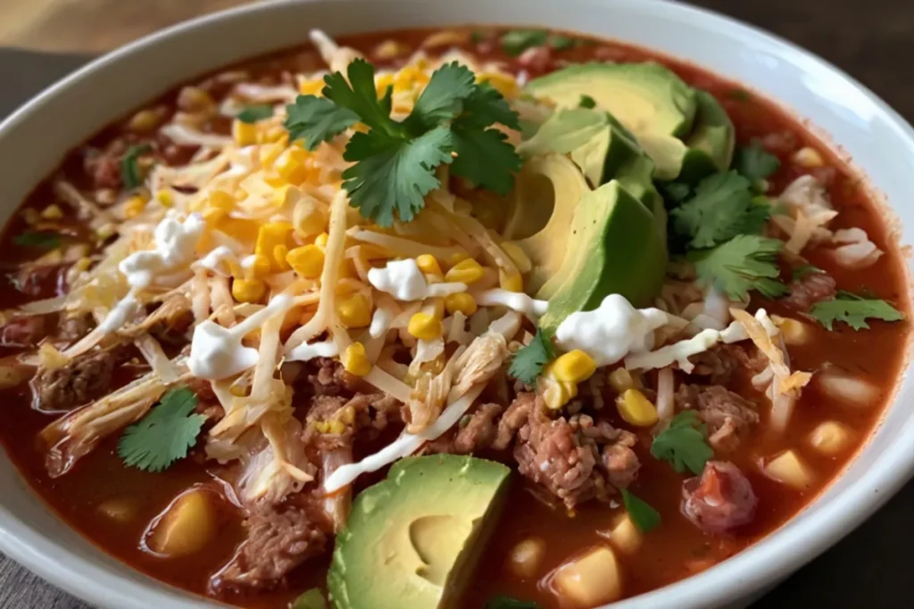 Dump and Go Crockpot Dinners — taco soup with avocado, sour cream, and cilantro