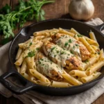 Creamy Garlic Parmesan Chicken Pasta in a matte black skillet with sliced seared chicken and parsley.