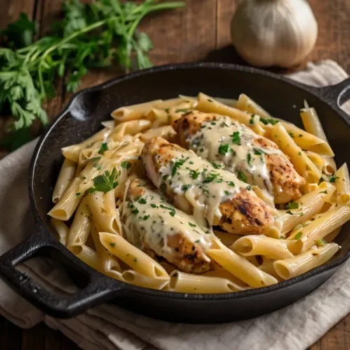 Creamy Garlic Parmesan Chicken Pasta in a matte black skillet with sliced seared chicken and parsley.