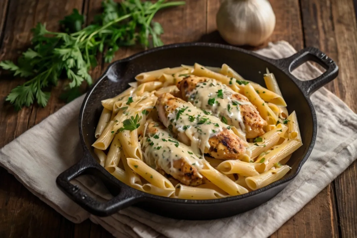 Creamy Garlic Parmesan Chicken Pasta in a matte black skillet with sliced seared chicken and parsley.