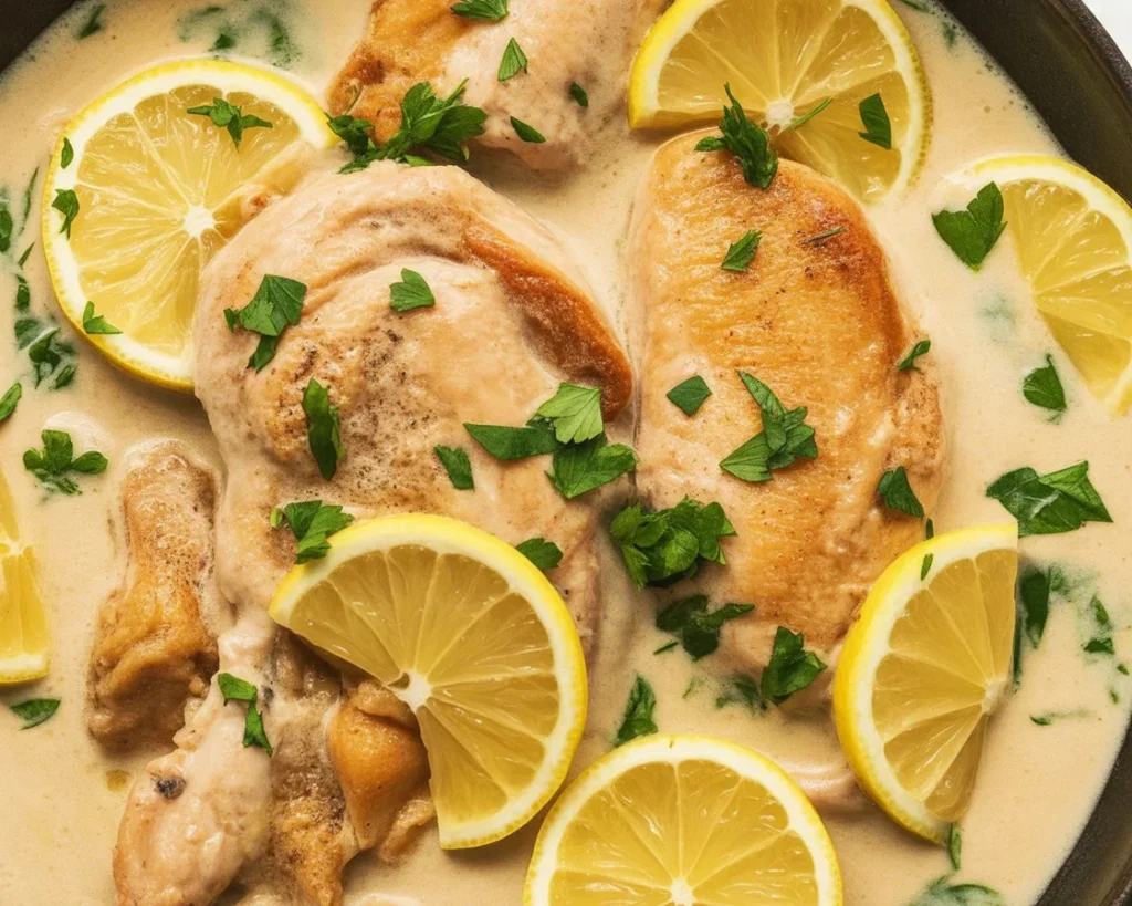 Tender Lemon Garlic Chicken in creamy sauce served with herbs and lemon slices