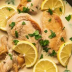 Tender Lemon Garlic Chicken in creamy sauce served with herbs and lemon slices