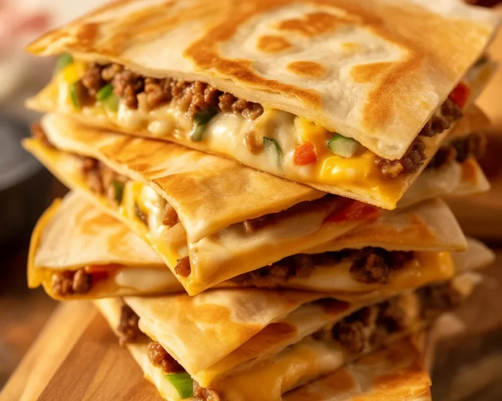 Delicious burger Quesadillas filled with ground beef, cheese, and toppings on a plate.
