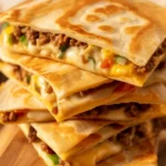 Delicious burger Quesadillas filled with ground beef, cheese, and toppings on a plate.