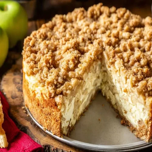Delicious homemade Apple Pie Cheesecake with streusel topping and a slice removed, displayed on a rustic wooden surface with fresh green apples.