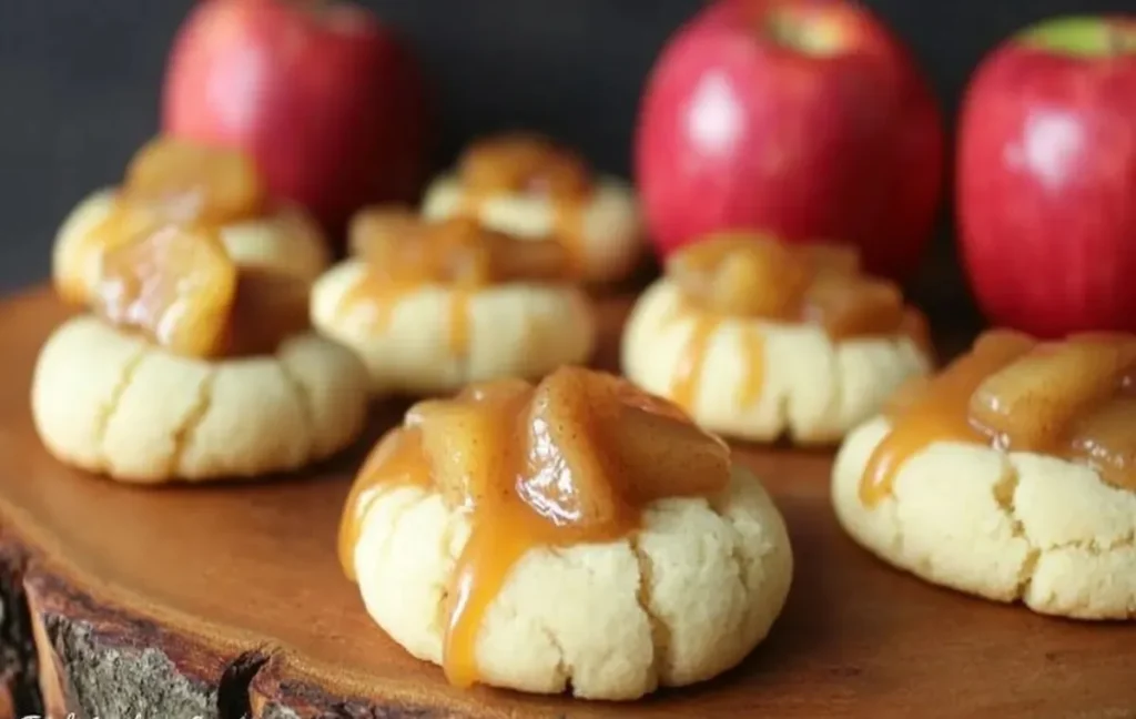 Delicious Apple Pie Thumbprint Cookies topped with caramel and fresh apples on a rustic wooden surface.