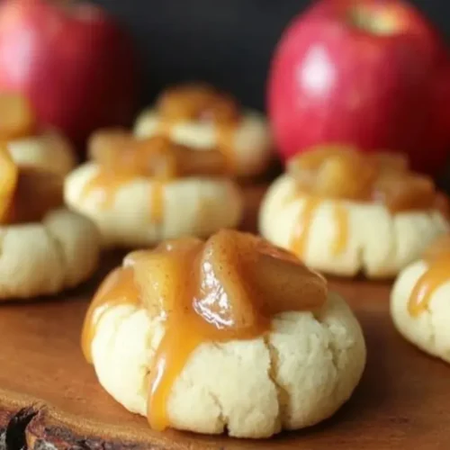 Delicious Apple Pie Thumbprint Cookies topped with caramel and fresh apples on a rustic wooden surface.