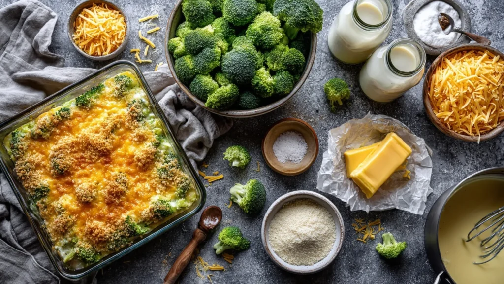 Overhead shot of broccoli cheese casserole with golden panko topping in a glass dish; bowls of broccoli, cheddar, milk, butter, and breadcrumbs nearby.