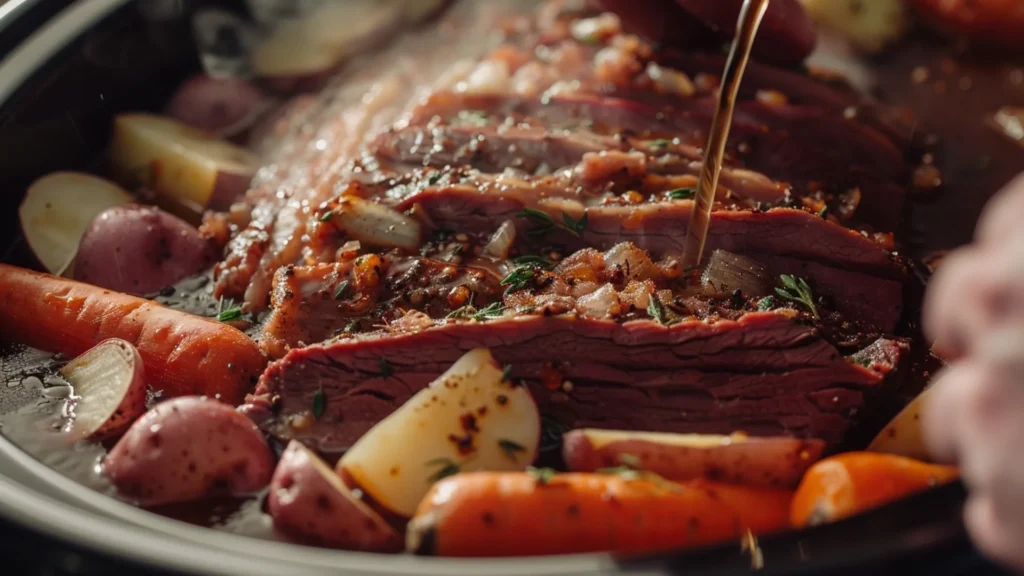 Close-up of corned beef brisket in a slow cooker with broth, carrots, potatoes, and onions being added.