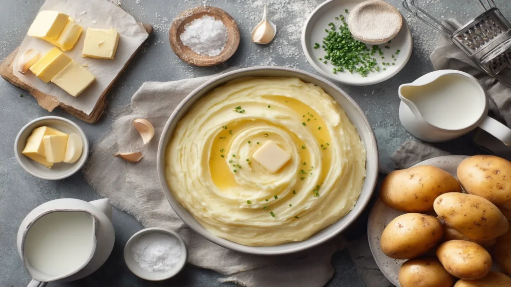 Overhead shot of creamy mashed potatoes swirled with melting butter in a white bowl, sprinkled with chives; milk, butter, and potatoes nearby.