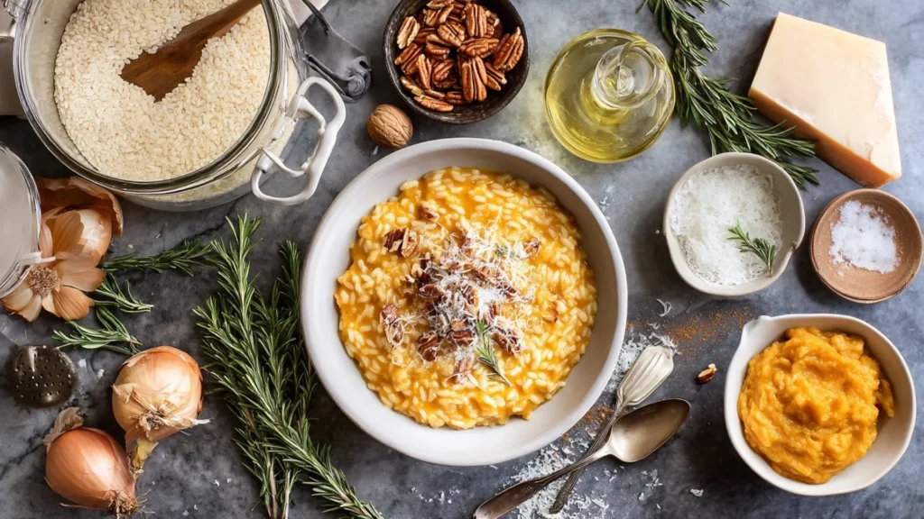 Creamy pumpkin risotto in a white bowl, topped with Parmesan, toasted pecans, and rosemary.