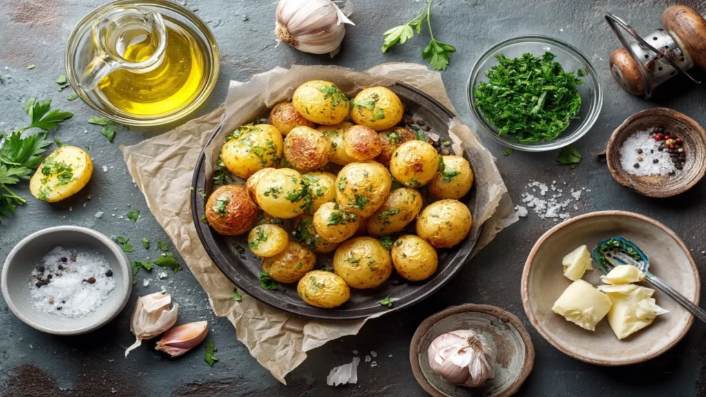 Overhead shot of golden garlic roast potatoes with parsley on a sheet pan, with small bowls of oil, garlic, salt, and pepper nearby.
