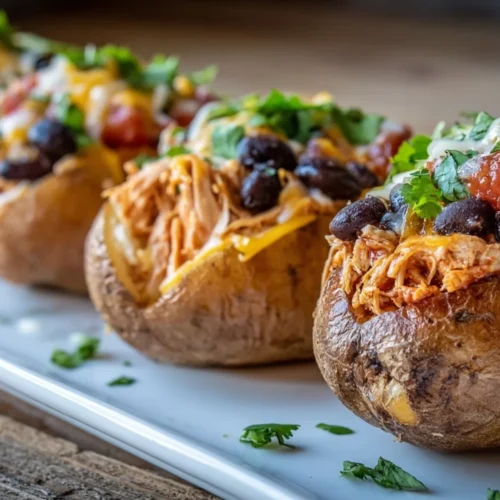 Close-up of a fully loaded Crockpot Salsa Chicken Stuffed Potatoes, garnished with cilantro on a white plate.