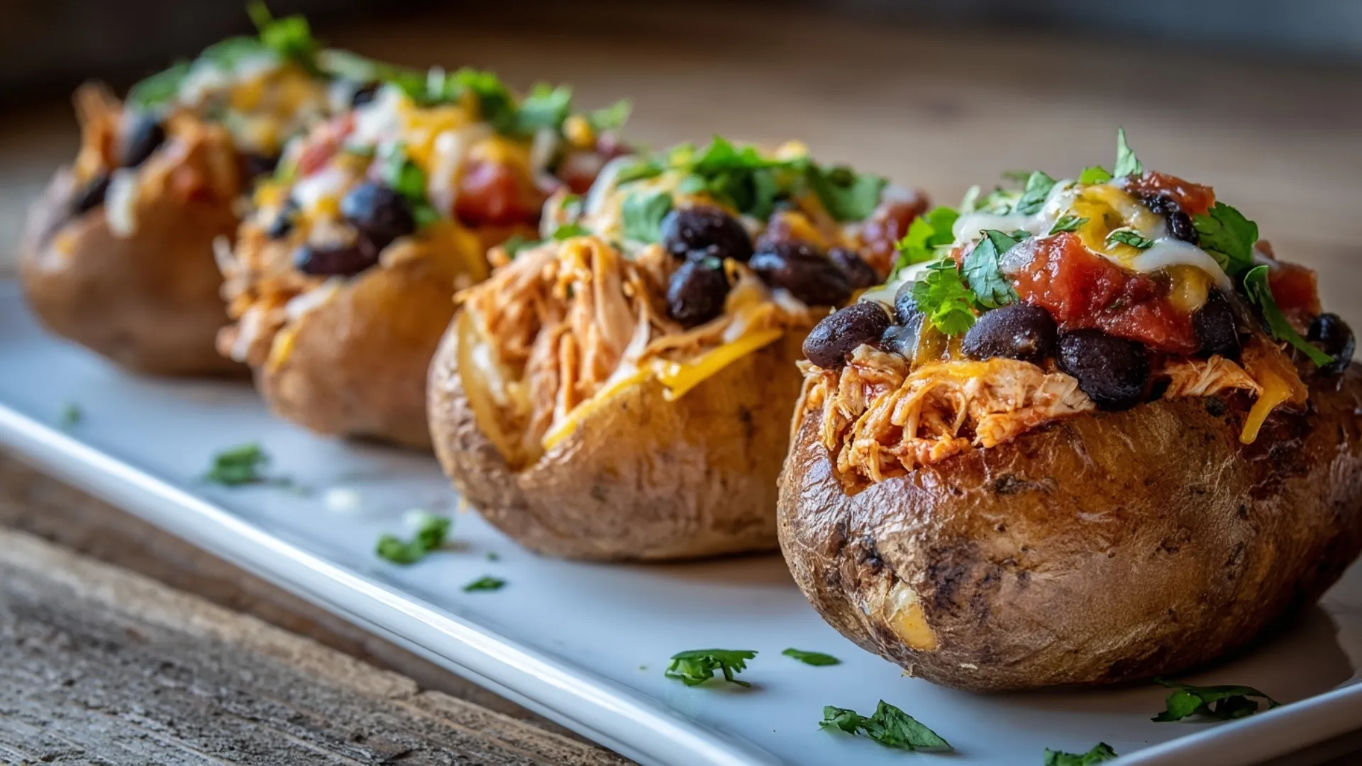 Close-up of a fully loaded Crockpot Salsa Chicken Stuffed Potatoes, garnished with cilantro on a white plate.