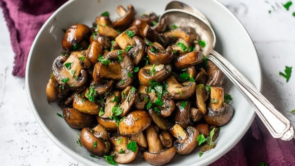 Close-up of a bowl of perfectly cooked, glossy Garlic Butter Mushrooms garnished with fresh parsley.