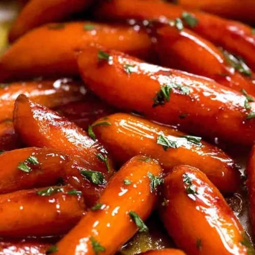 Close-up of vibrant, glossy Glazed Carrots garnished with fresh green herbs.