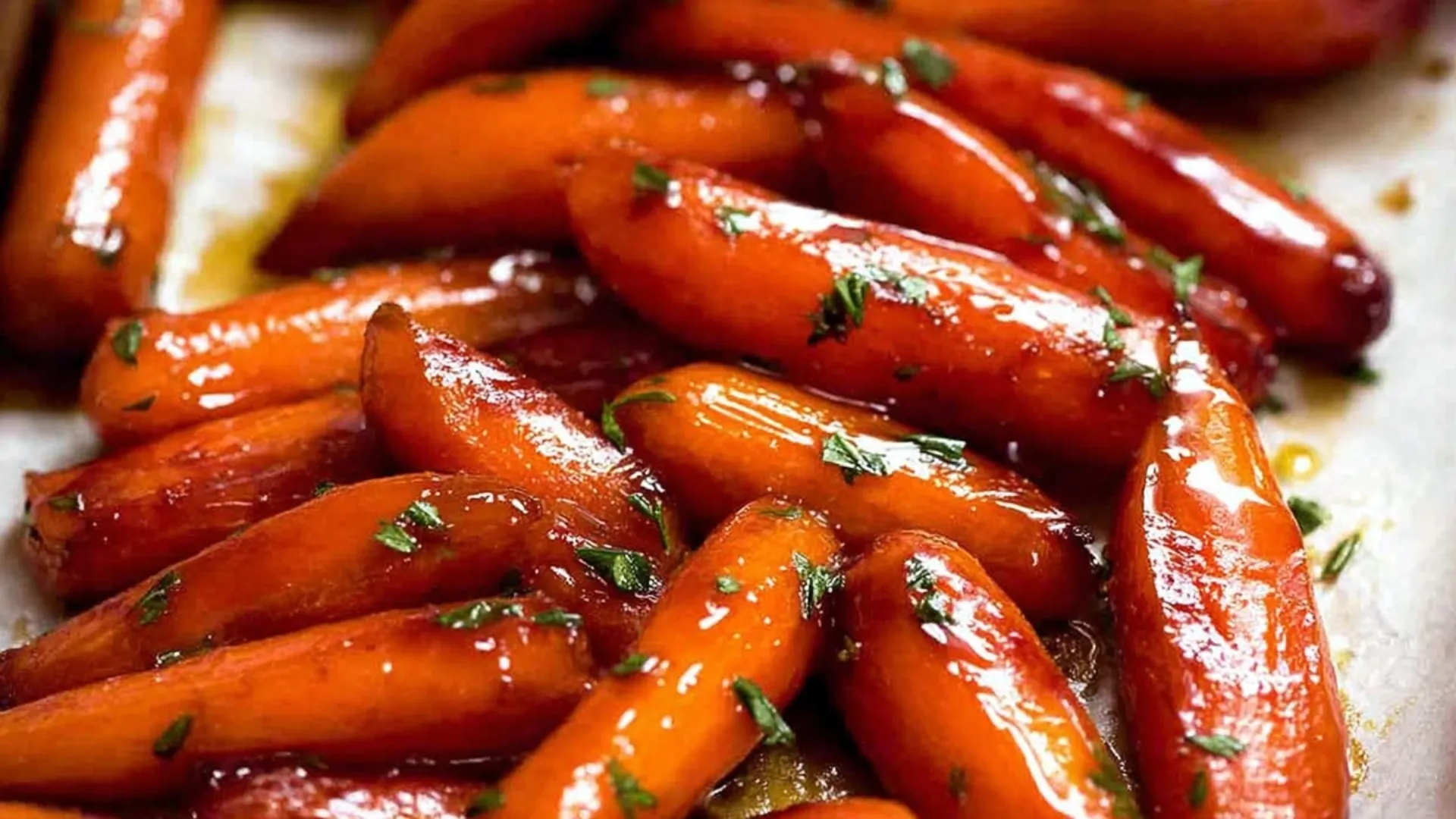 Close-up of vibrant, glossy Glazed Carrots garnished with fresh green herbs.