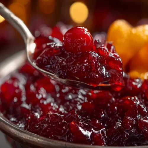 A close-up of a spoon lifting chunky, ruby-red Grandma’s Cranberry Sauce, garnished with orange zest, against a blurred background of a full bowl.