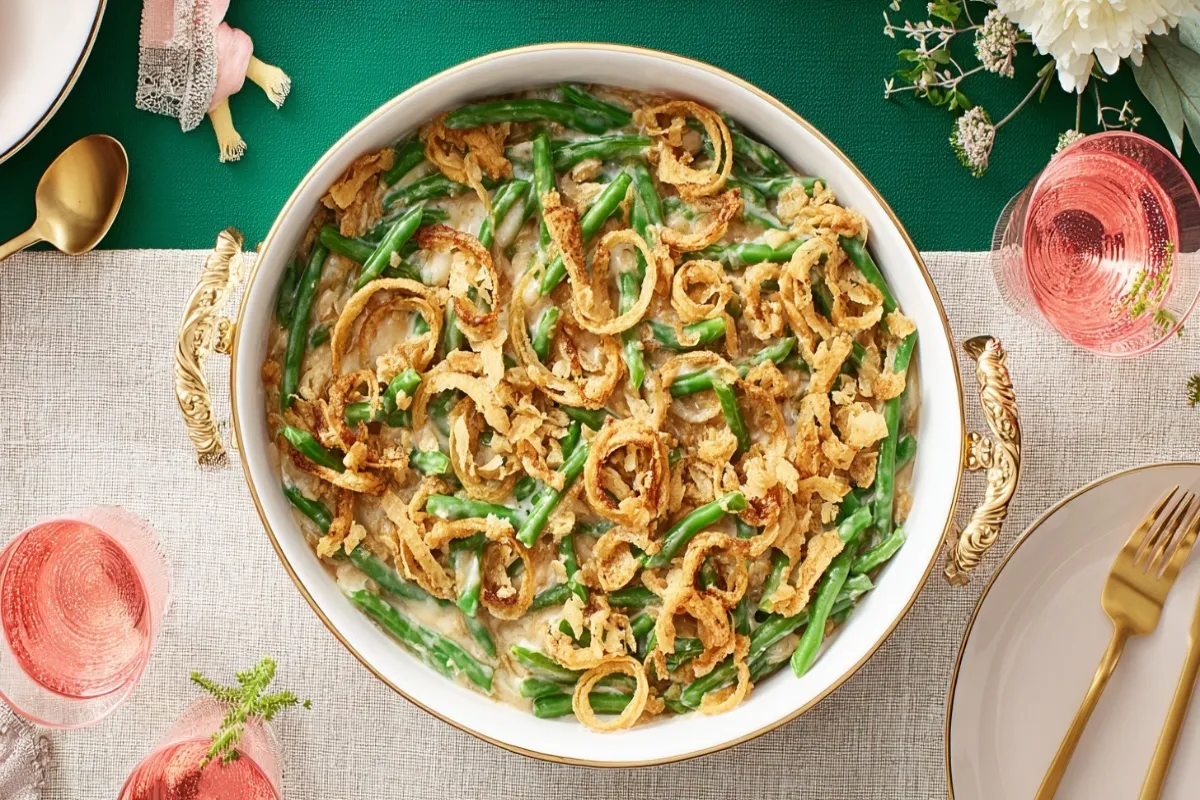 Overhead view of a festive holiday meal featuring a large serving dish of golden-brown Green Bean Casserole topped with crispy fried onions.