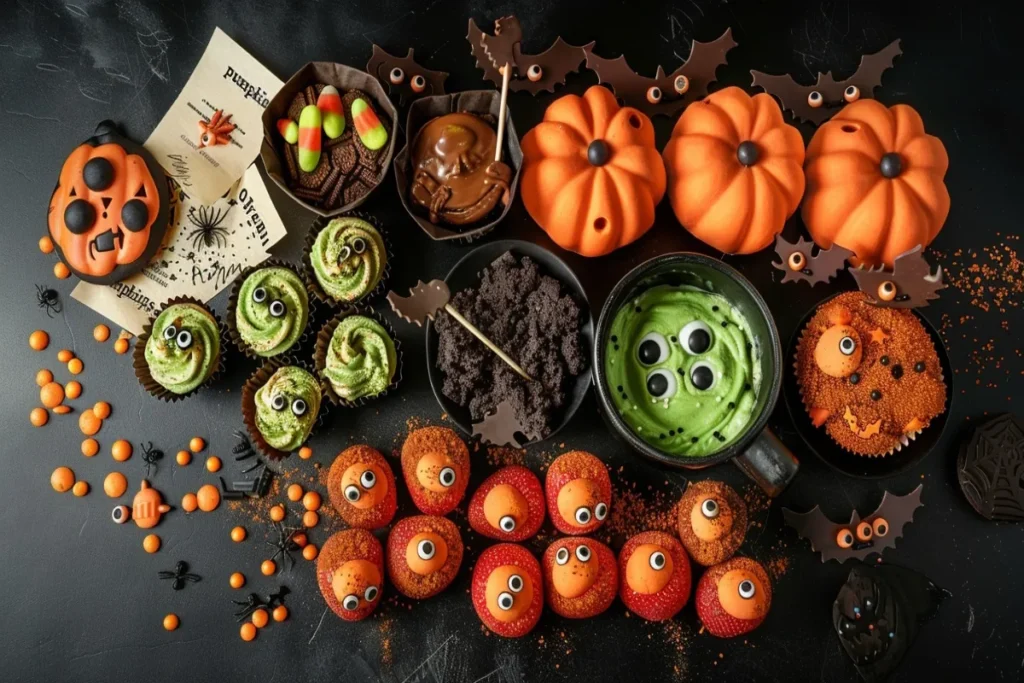 Halloween snack ideas spread with bat cupcakes, ghost strawberries, Frankenstein pops, dirt cups, and cauldron cookies on a black table