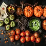 Halloween snack ideas spread with bat cupcakes, ghost strawberries, Frankenstein pops, dirt cups, and cauldron cookies on a black table