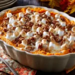 Delicious Healthy Sweet Potato Casserole in a white baking dish, topped with toasted marshmallows and pecans on a wooden table with autumn decor.