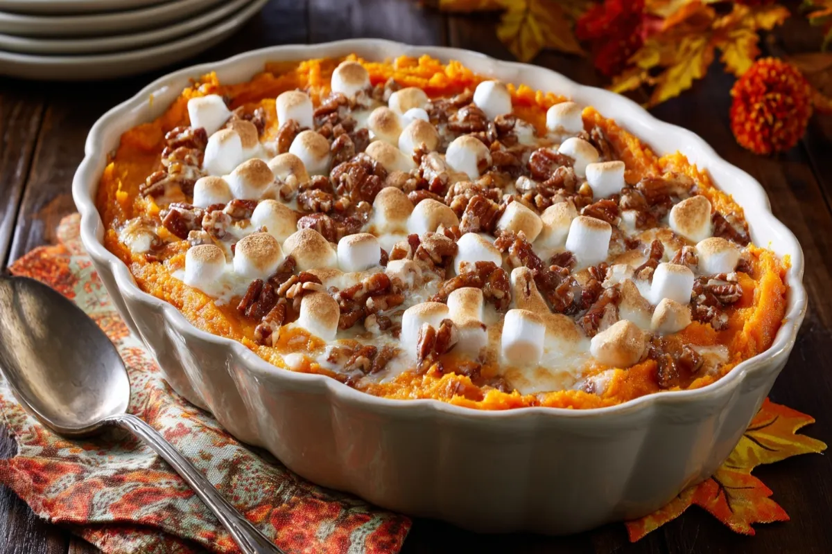 Delicious Healthy Sweet Potato Casserole in a white baking dish, topped with toasted marshmallows and pecans on a wooden table with autumn decor.