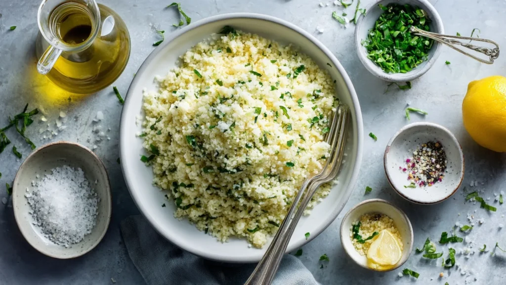 Fluffy herbed couscous in a white bowl with mint, parsley, chives, lemon, and olive oil.