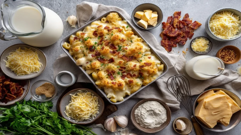 Golden, bubbly mac and cheese in a baking dish, topped with bacon, garlic panko, and chili flakes.