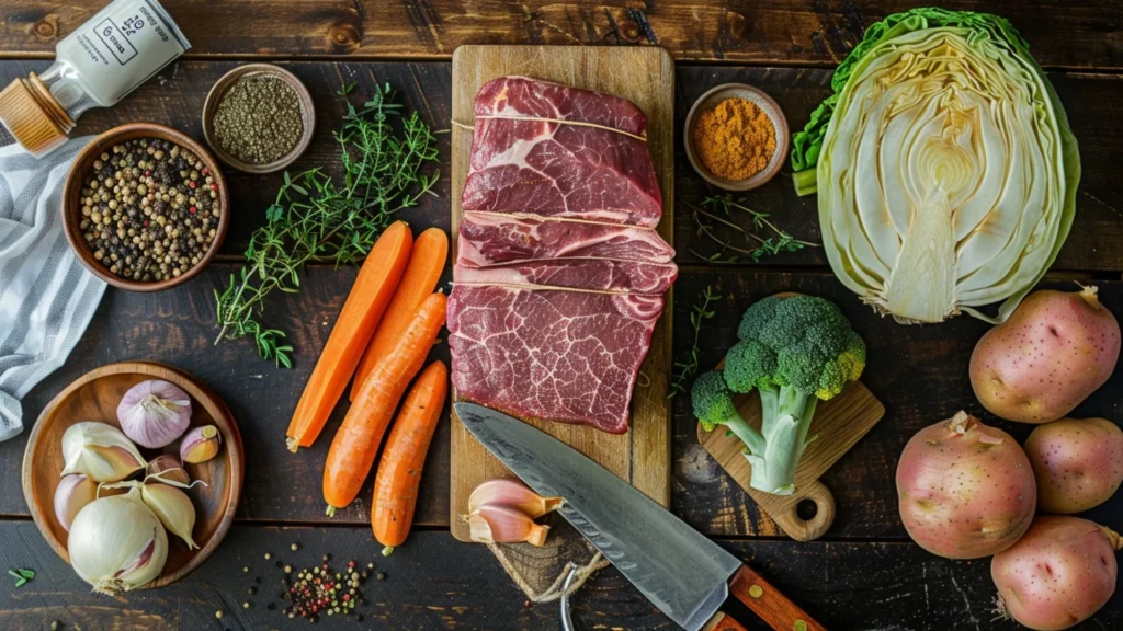 Overhead view of raw corned beef brisket, carrots, potatoes, onion, cabbage, broth, and spices arranged on a wooden surface.